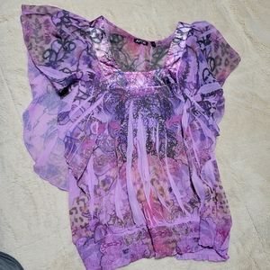 Apt 9 Purple Sleeveless Ruffle Peasant Top with Flower Design, Large